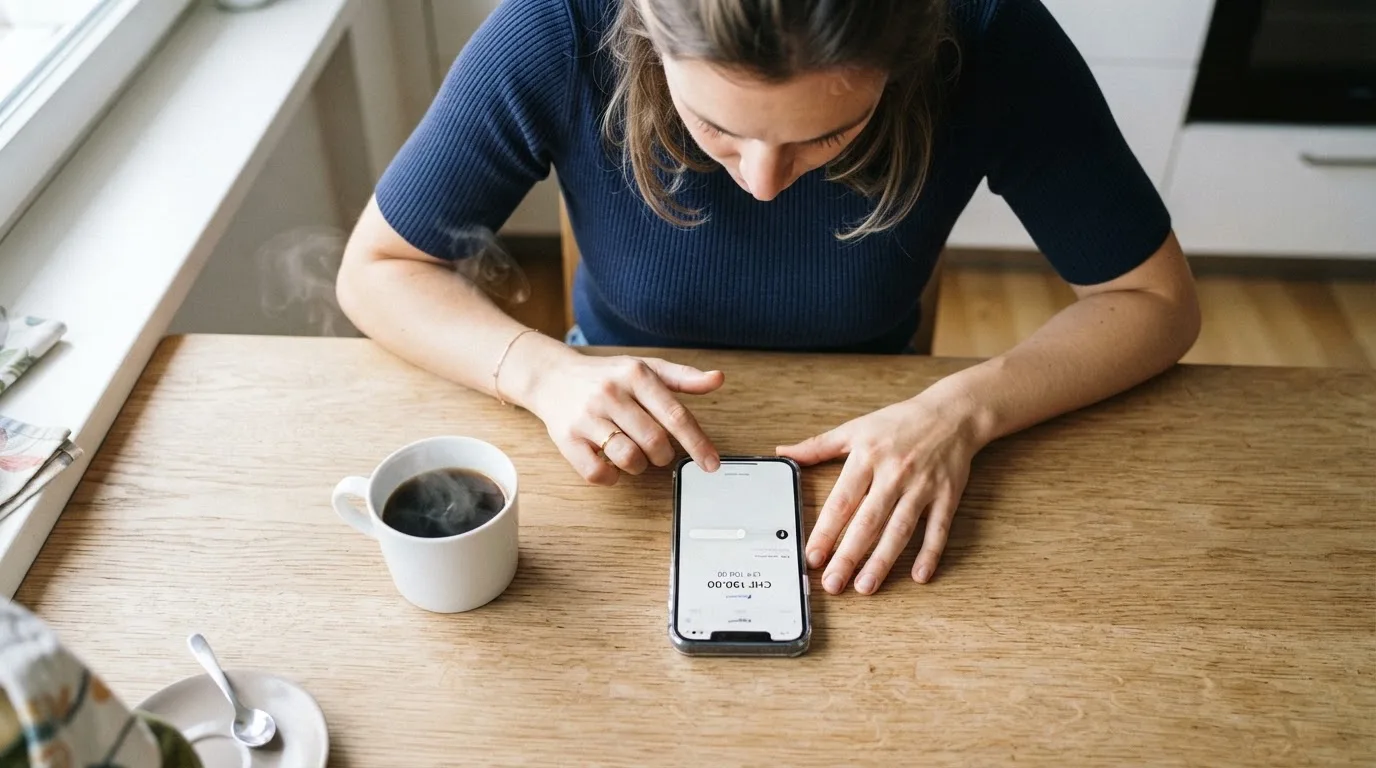 Frau tippt konzentriert auf ihrem Smartphone an einem Küchentisch, eine Tasse Kaffee steht griffbereit daneben.