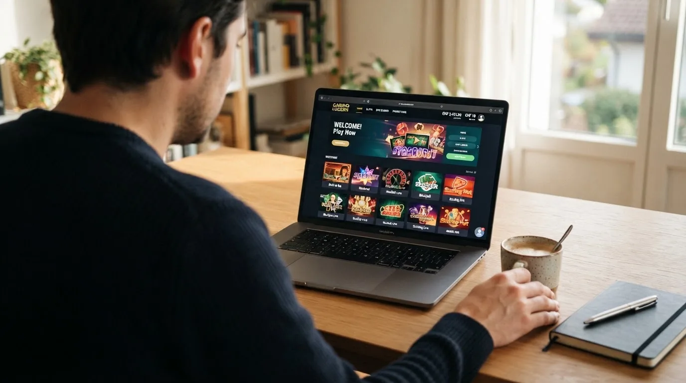 Person am Laptop liest eine Übersichtsseite zu Geldspielen im Internet — 150 freispiele ohne einzahlung