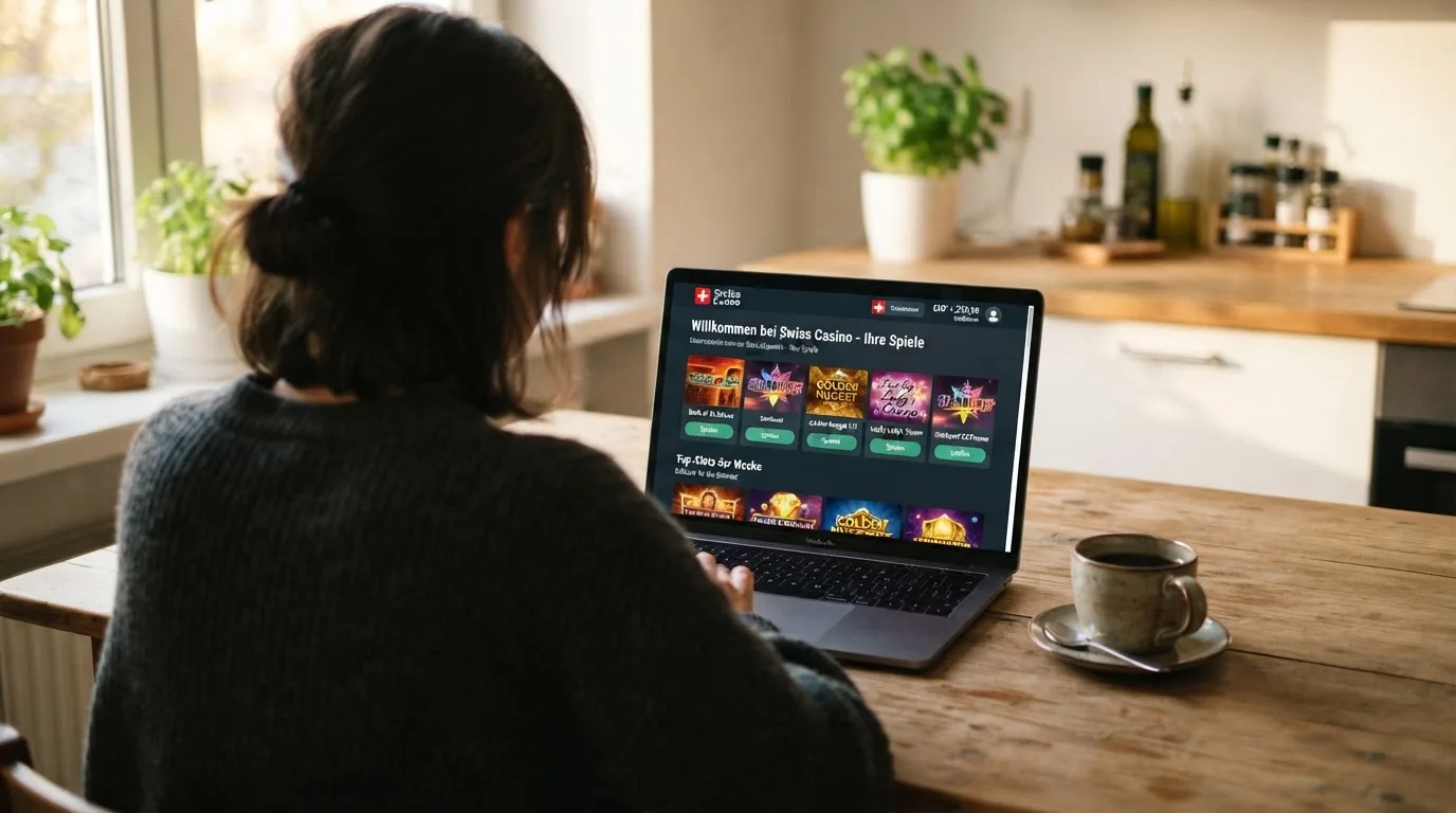 Person am Laptop liest eine Übersichtsseite zu Geldspielen im Internet — 20 franken bonus ohne einzahlung casino
