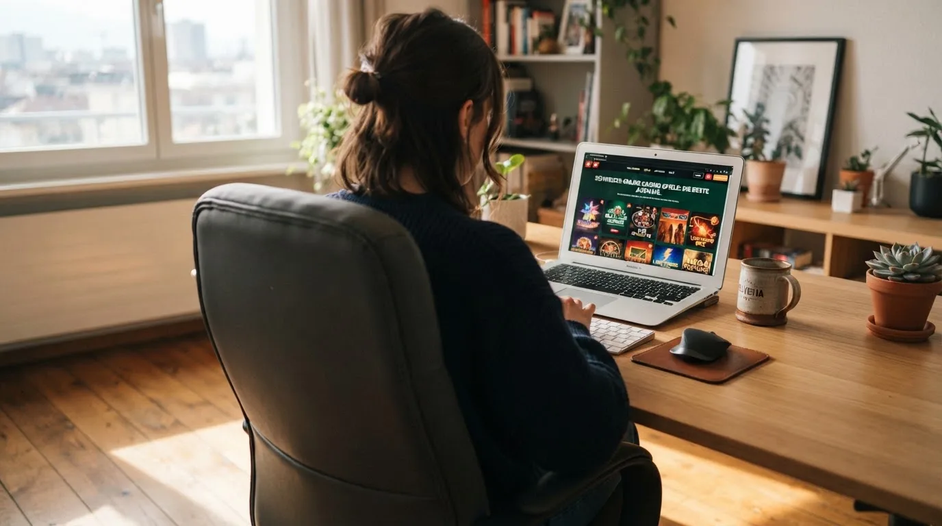 Person am Laptop liest eine Übersichtsseite zu Geldspielen im Internet — 20 freispiele ohne einzahlung