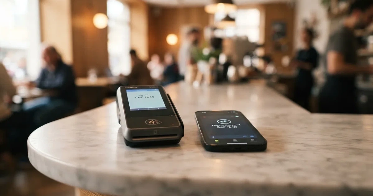 Kartenterminal und Smartphone mit einer ausstehenden Zahlungsbenachrichtigung — 40 franken bonus ohne einzahlung casino