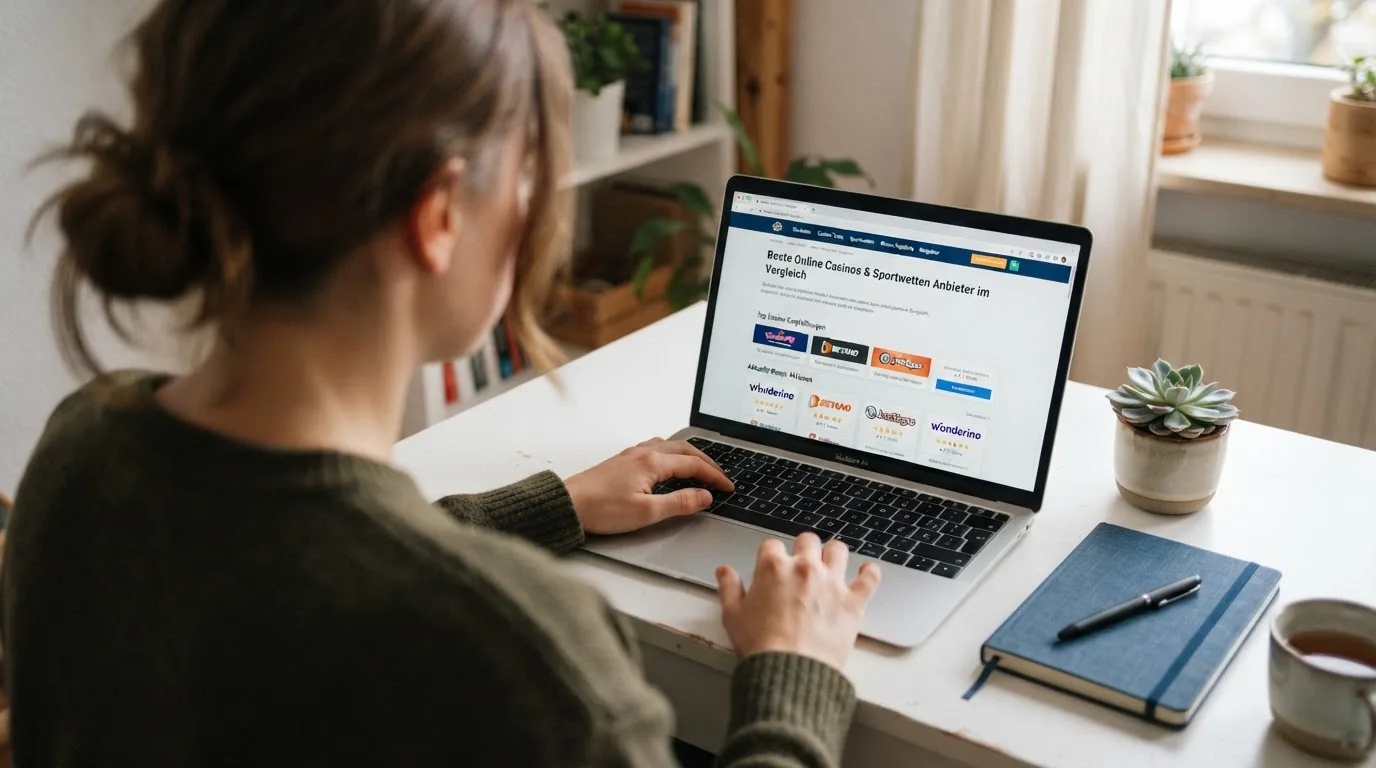 Person am Laptop liest eine Übersichtsseite zu Geldspielen im Internet — 5 franken bonus ohne einzahlung casino
