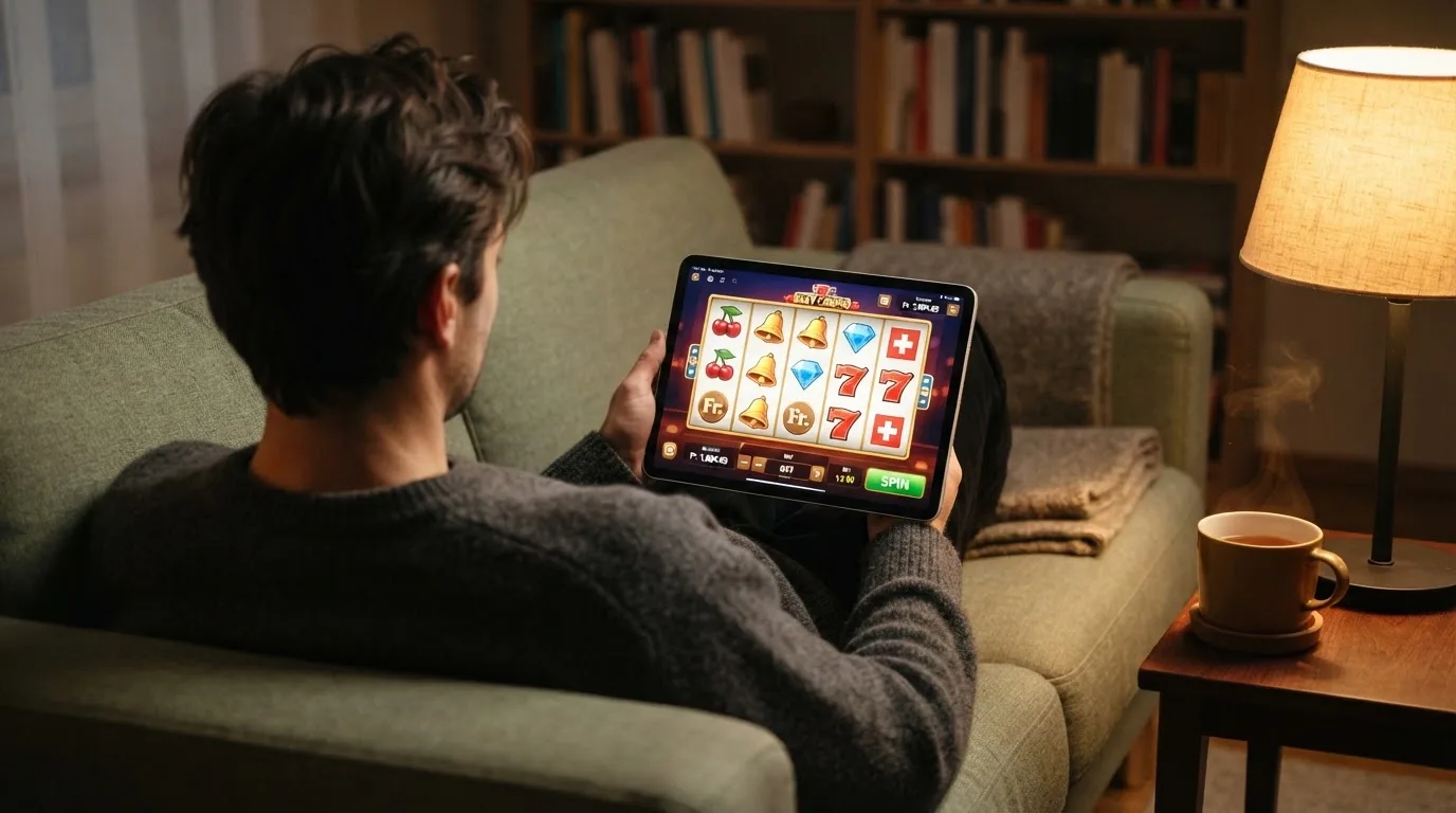 Person sitzt entspannt mit Tablet auf dem Sofa, warmes Lampenlicht, eine Tasse Tee steht daneben auf einem kleinen Tisch.