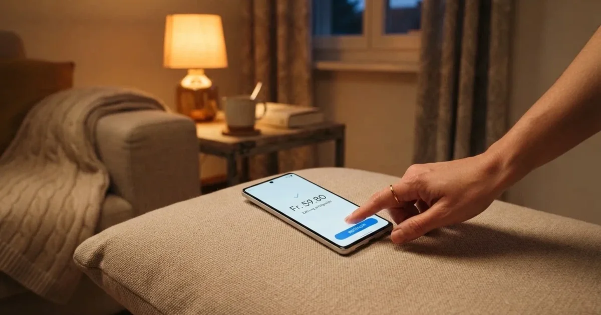 Nahaufnahme einer Hand, die auf einem Smartphone eine Zahlungsbestätigung antippt, im Hintergrund eine gemütliche Wohnzimmerecke am Abend.