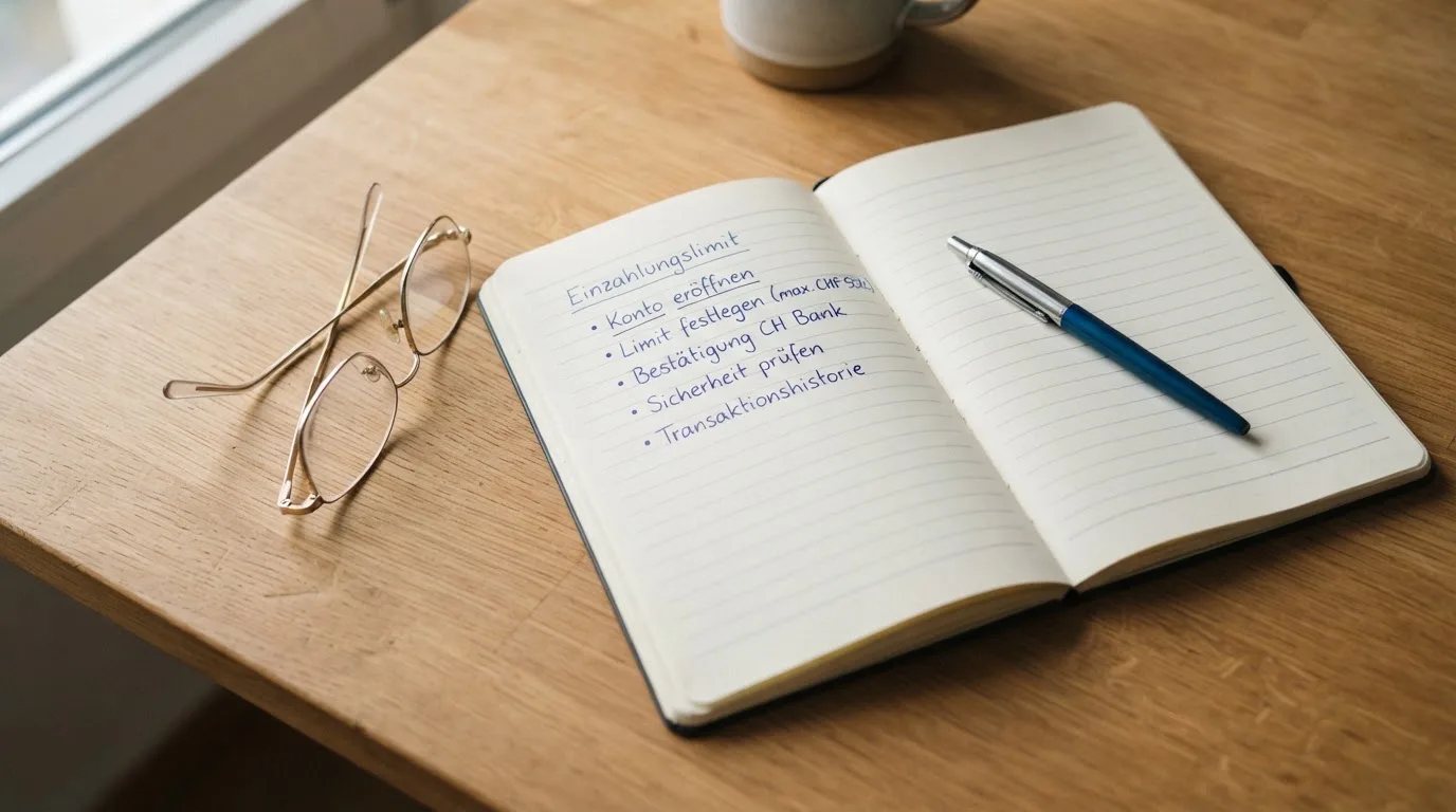 Ein Notizbuch mit handschriftlichen Stichpunkten liegt neben einer Brille auf einem Holzschreibtisch bei Tageslicht.