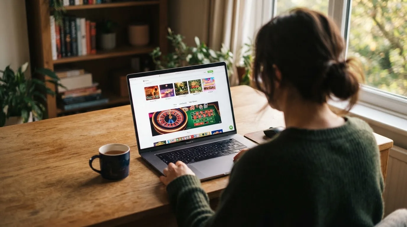 Person am Laptop liest eine Übersichtsseite zu Geldspielen im Internet — aviator online casino