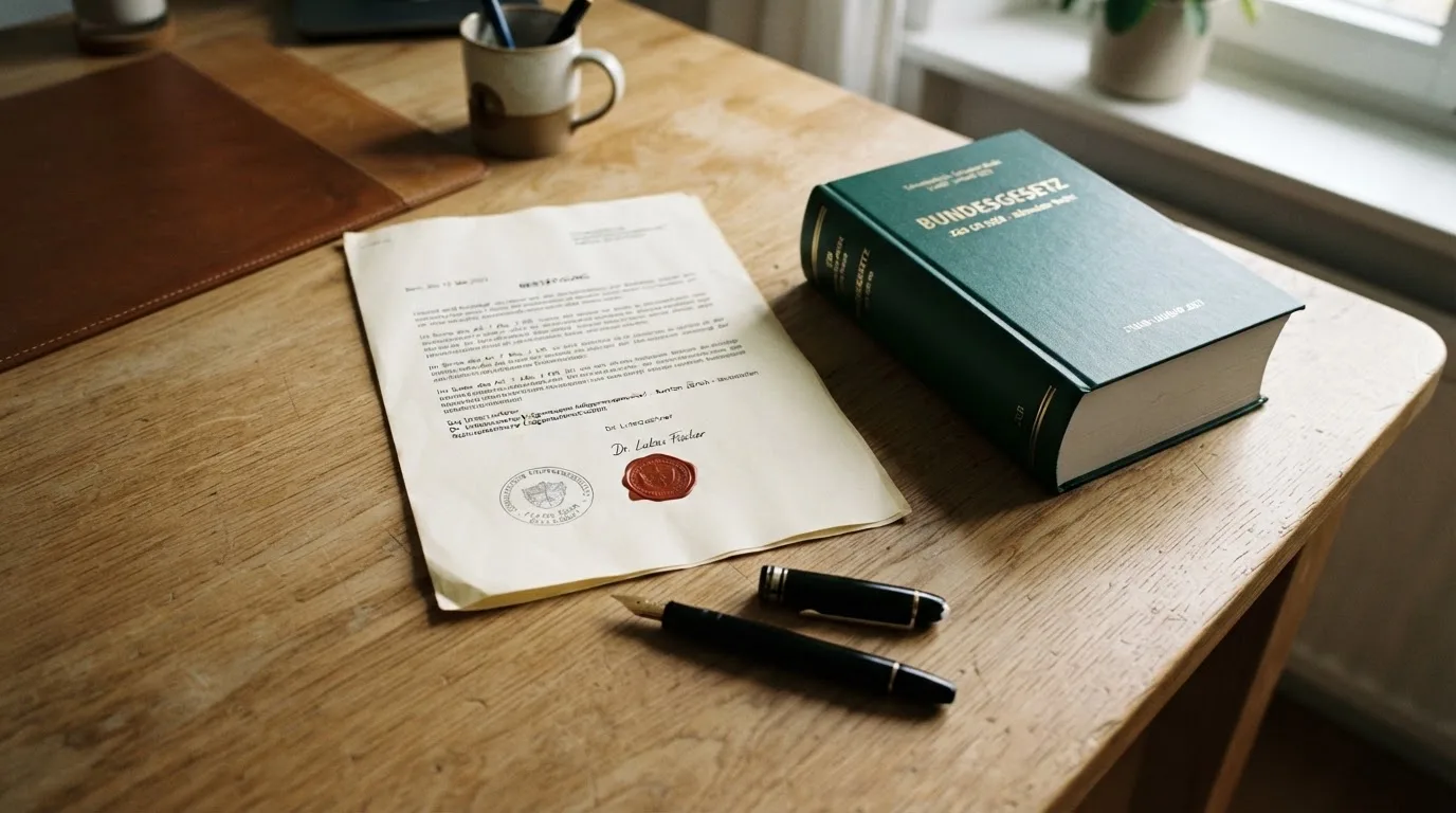 Amtliches Schreiben mit Stempel auf einem Schreibtisch neben einem Gesetzbuch — best crypto casino schweiz