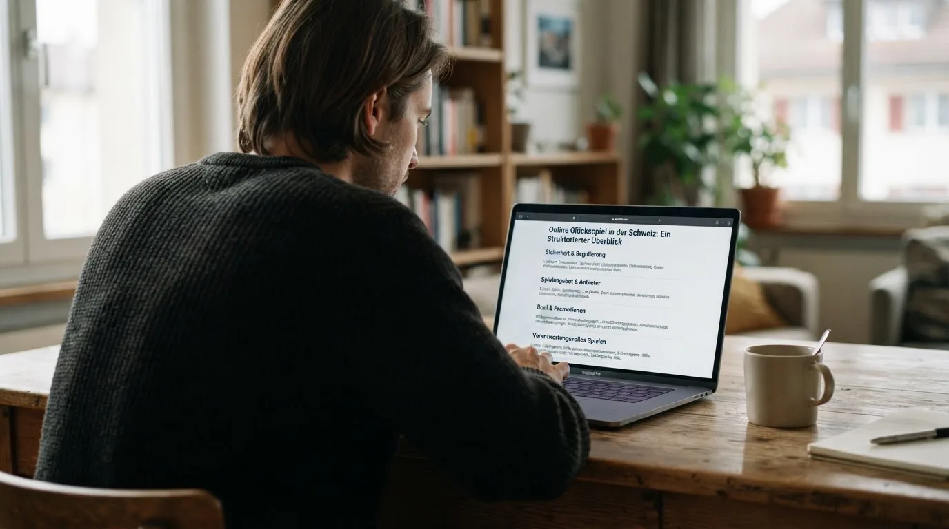 Person am Laptop liest eine Übersichtsseite zu Geldspielen im Internet — beste ausländische casinos für schweizer spieler