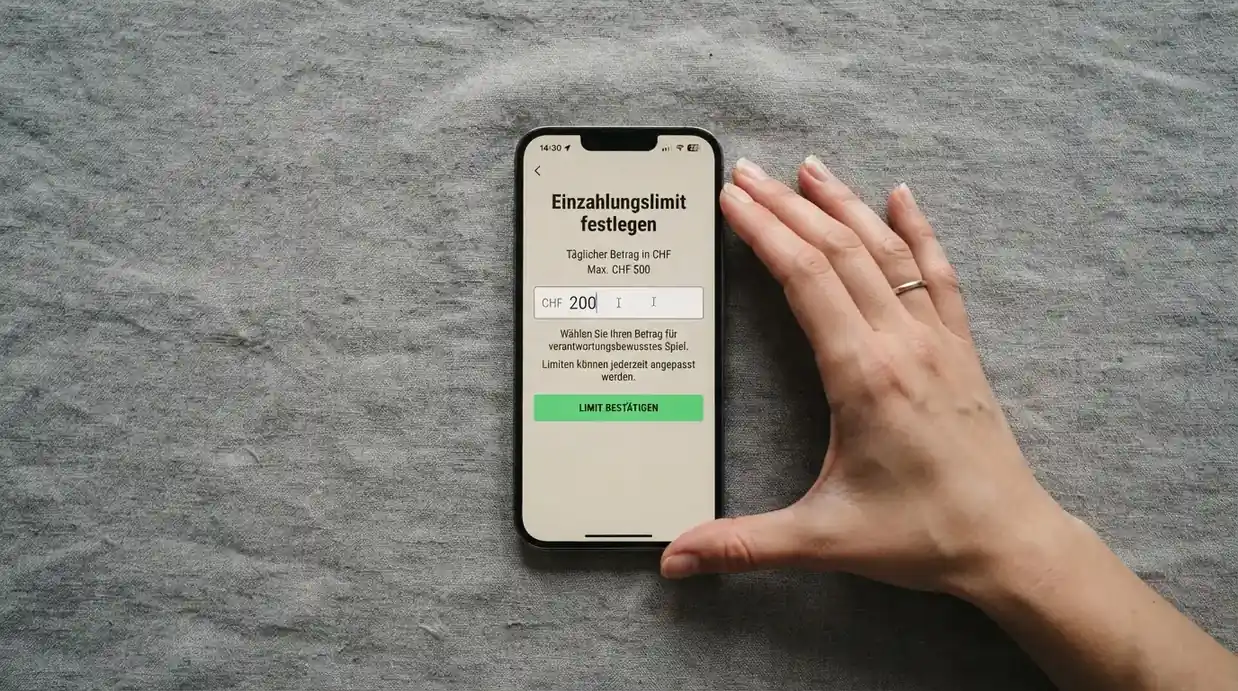 Hand hält ein Smartphone mit einem Formular zur Einzahlungsgrenze, ruhige Stimmung — beste ausländische casinos für schweizer spieler