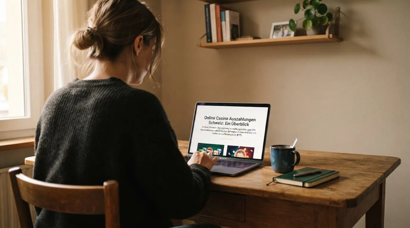 Person am Laptop liest eine Übersichtsseite zu Geldspielen im Internet — beste casino mit schneller auszahlung