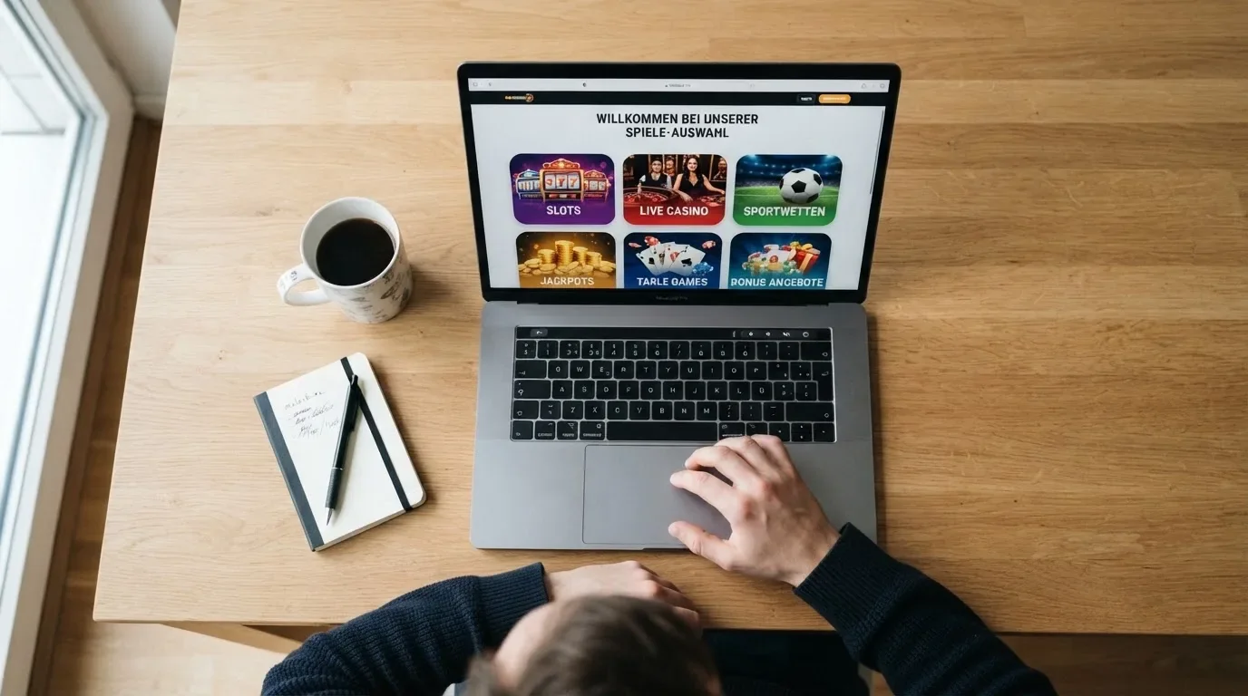 Person am Laptop liest eine Übersichtsseite zu Geldspielen im Internet — beste casino ohne verifizierung auszahlen