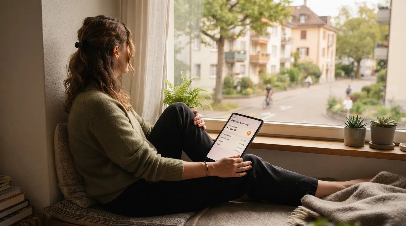 Frau sitzt mit einem Tablet auf einer Fensterbank, Blick nach draussen auf eine ruhige Strasse.