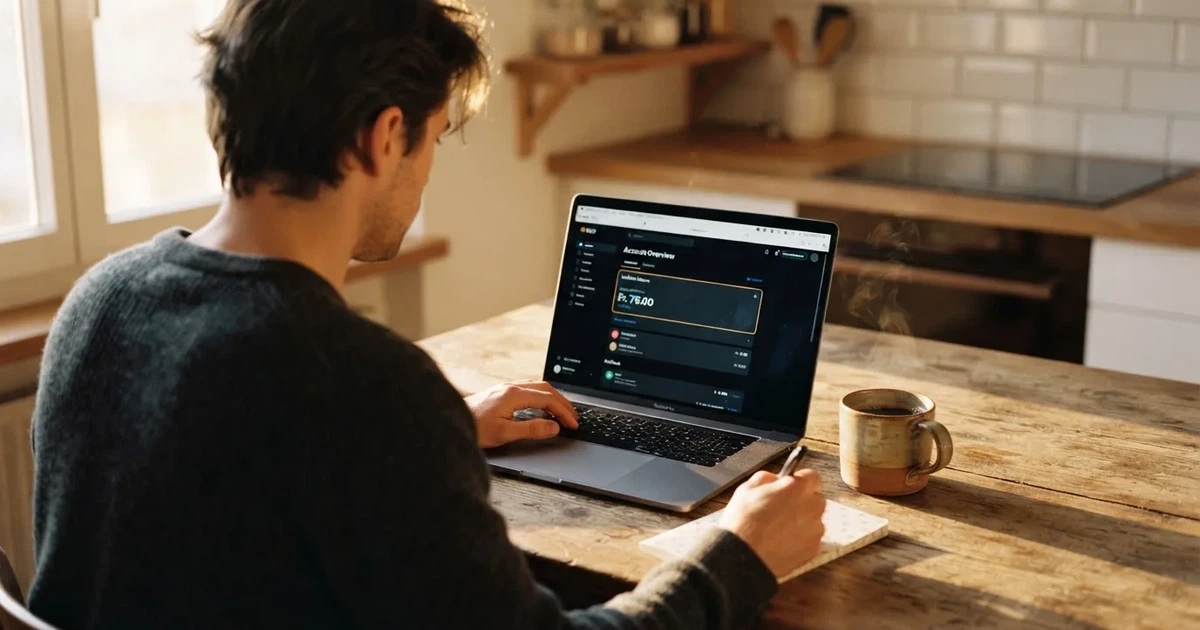 Person prüft an einem Küchentisch eine Kontoübersicht auf dem Laptop, Kaffeetasse steht griffbereit daneben.