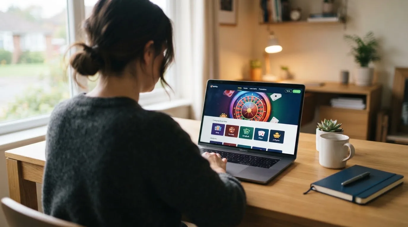 Person am Laptop liest eine Übersichtsseite zu Geldspielen im Internet — beste craps online casinos schweiz