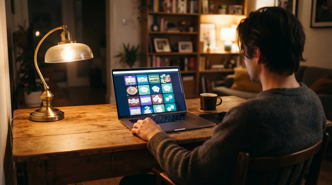 Person am Laptop liest eine Übersichtsseite zu Geldspielen im Internet — beste live baccarat schweiz