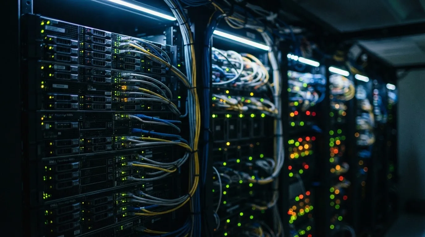 Nahaufnahme mehrerer vernetzter Server in einem Rechenzentrum, blinkende Lichter im Halbdunkel.