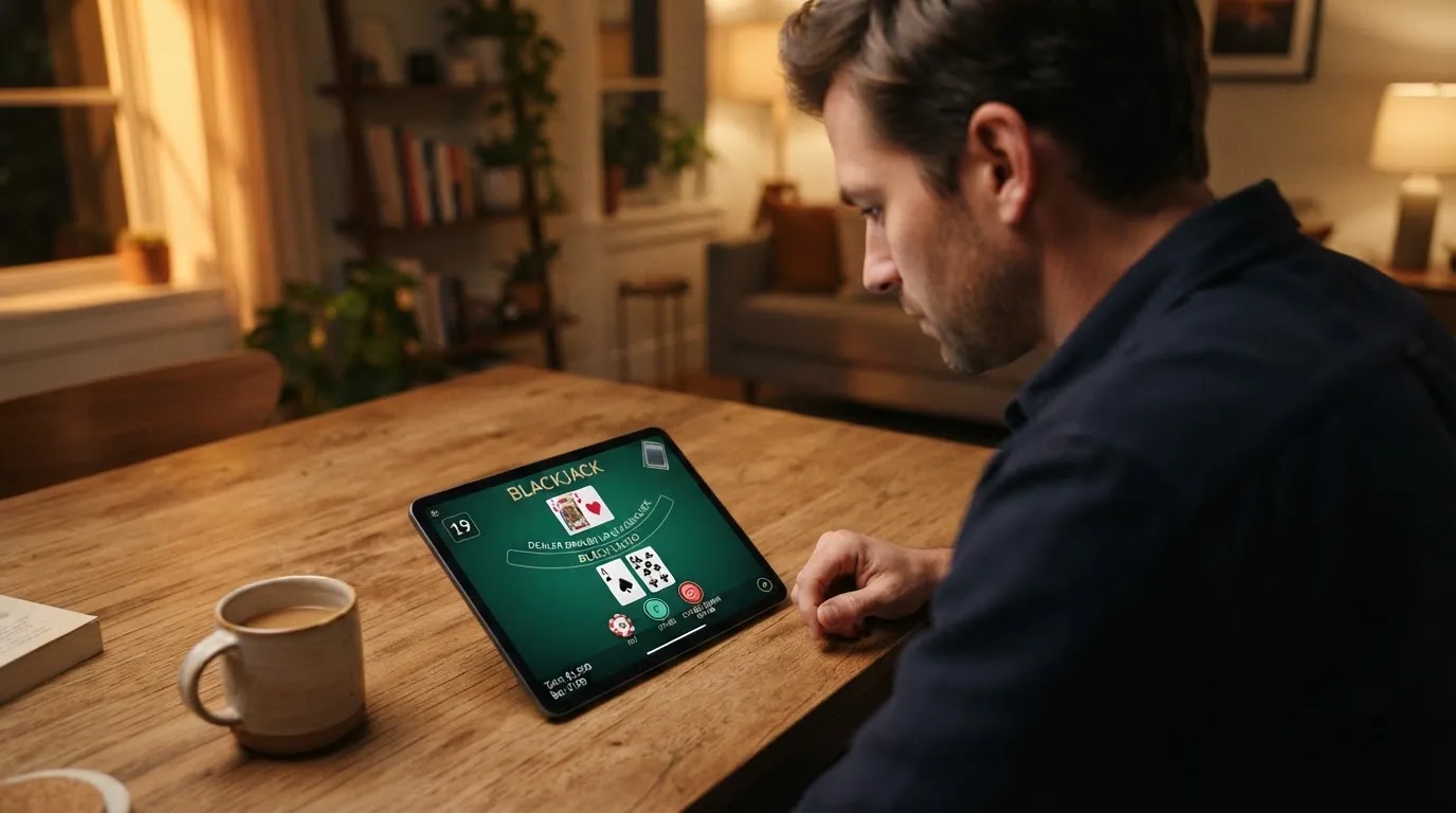Mann sitzt am Wohnzimmertisch und schaut konzentriert auf sein Tablet, Abendlicht im Raum.