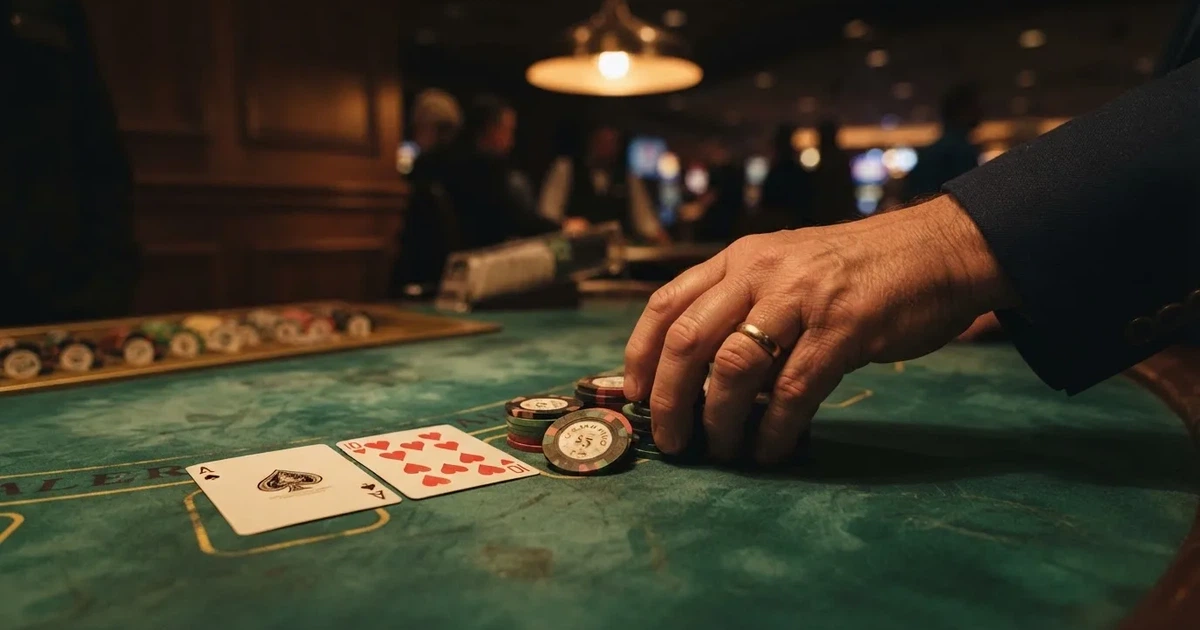 Nahaufnahme von Spielkarten und Chips auf einem grünen Tischtuch, eine Hand greift nach den Chips.