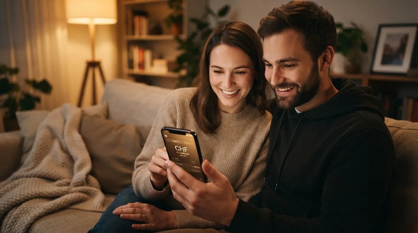 Junges Paar sitzt lächelnd auf einem Sofa und schaut gemeinsam auf ein Smartphone, warmes Licht.