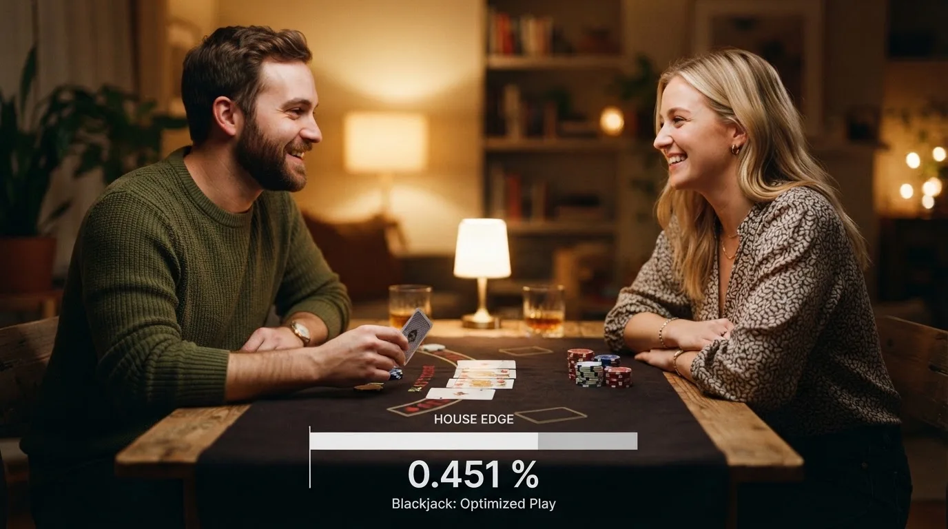 Zwei Freunde sitzen an einem Tisch mit Spielkarten und lächeln sich zu, warmes Abendlicht im Raum.