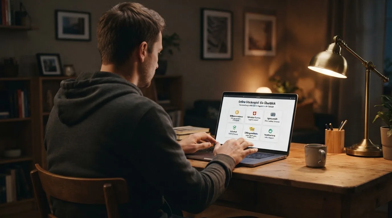 Person am Laptop liest eine Übersichtsseite zu Geldspielen im Internet — beste online casino ausland