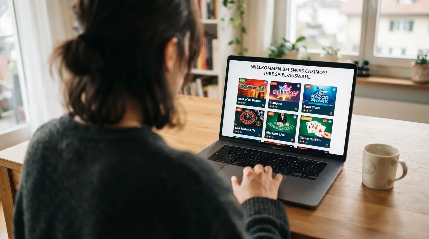 Person am Laptop liest eine Übersichtsseite zu Geldspielen im Internet — beste online casino echtgeld app