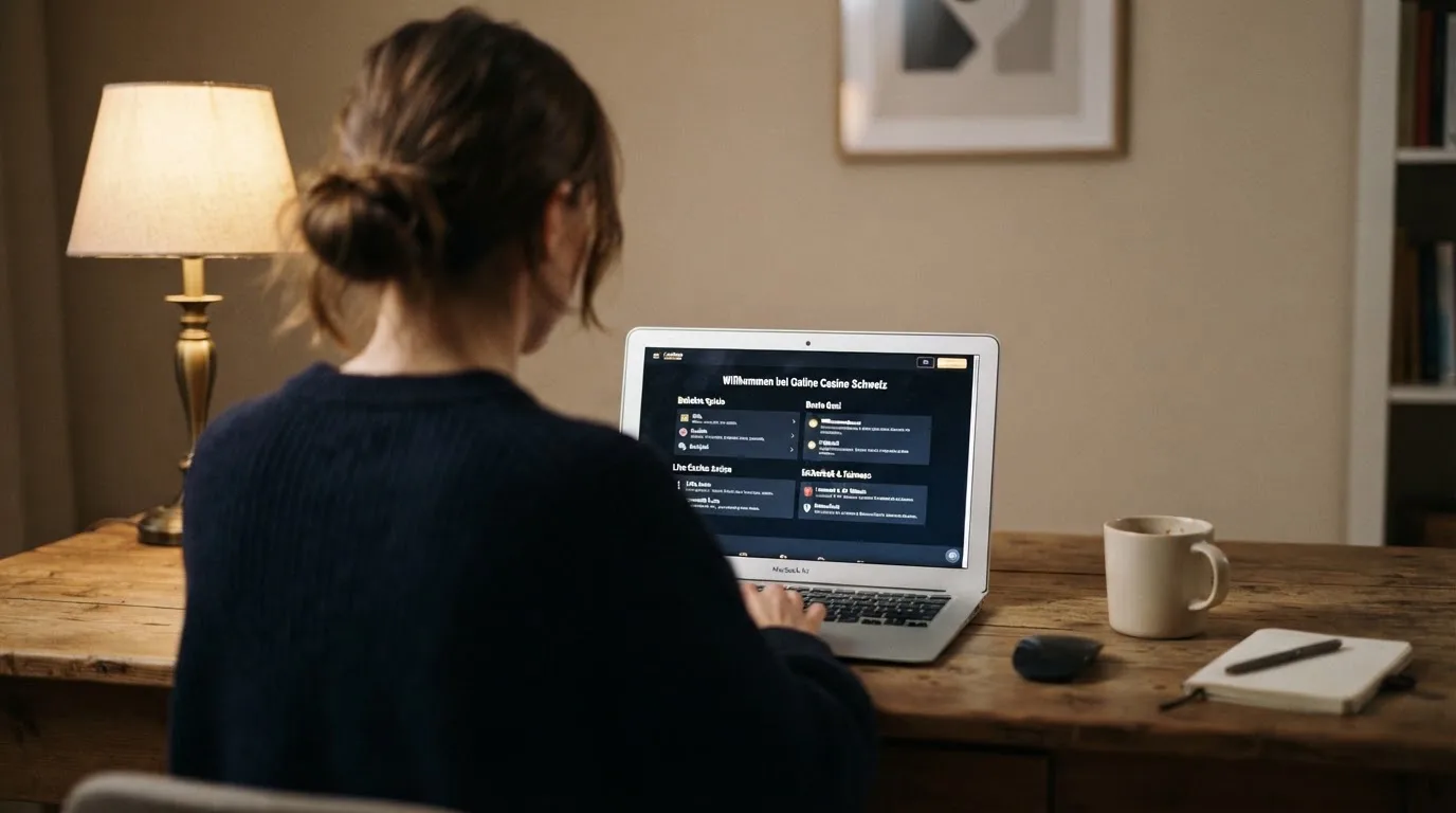 Person am Laptop liest eine Übersichtsseite zu Geldspielen im Internet — beste online casino mit apple pay bezahlen