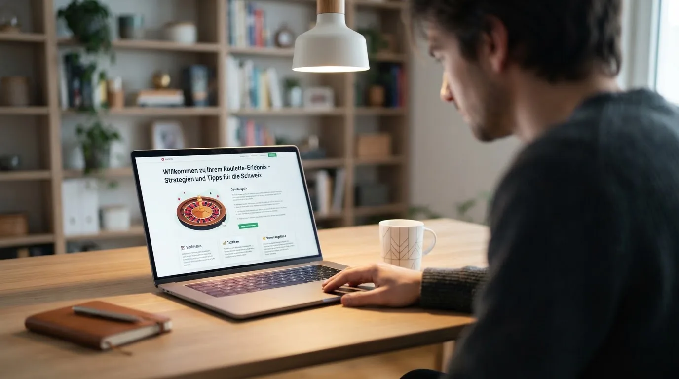 Person am Laptop liest eine Übersichtsseite zu Geldspielen im Internet — beste online casino mit banküberweisung bezahlen