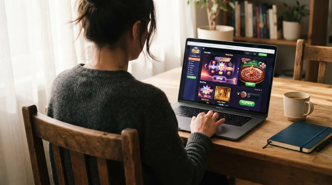 Person am Laptop liest eine Übersichtsseite zu Geldspielen im Internet — beste online casino mit cashtocode bezahlen