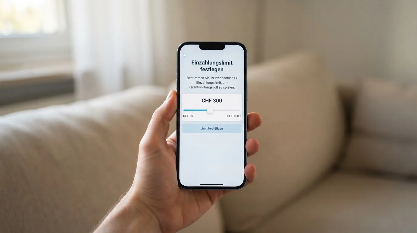 Hand hält ein Smartphone mit einem Formular zur Einzahlungsgrenze, ruhige Stimmung — beste online casino schweiz