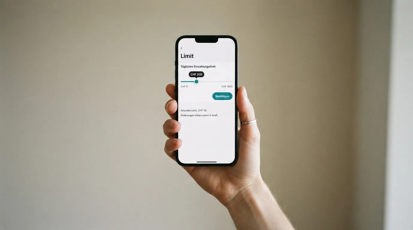 Hand hält ein Smartphone mit einem Formular zur Einzahlungsgrenze, ruhige Stimmung — beste online casinos echtgeld