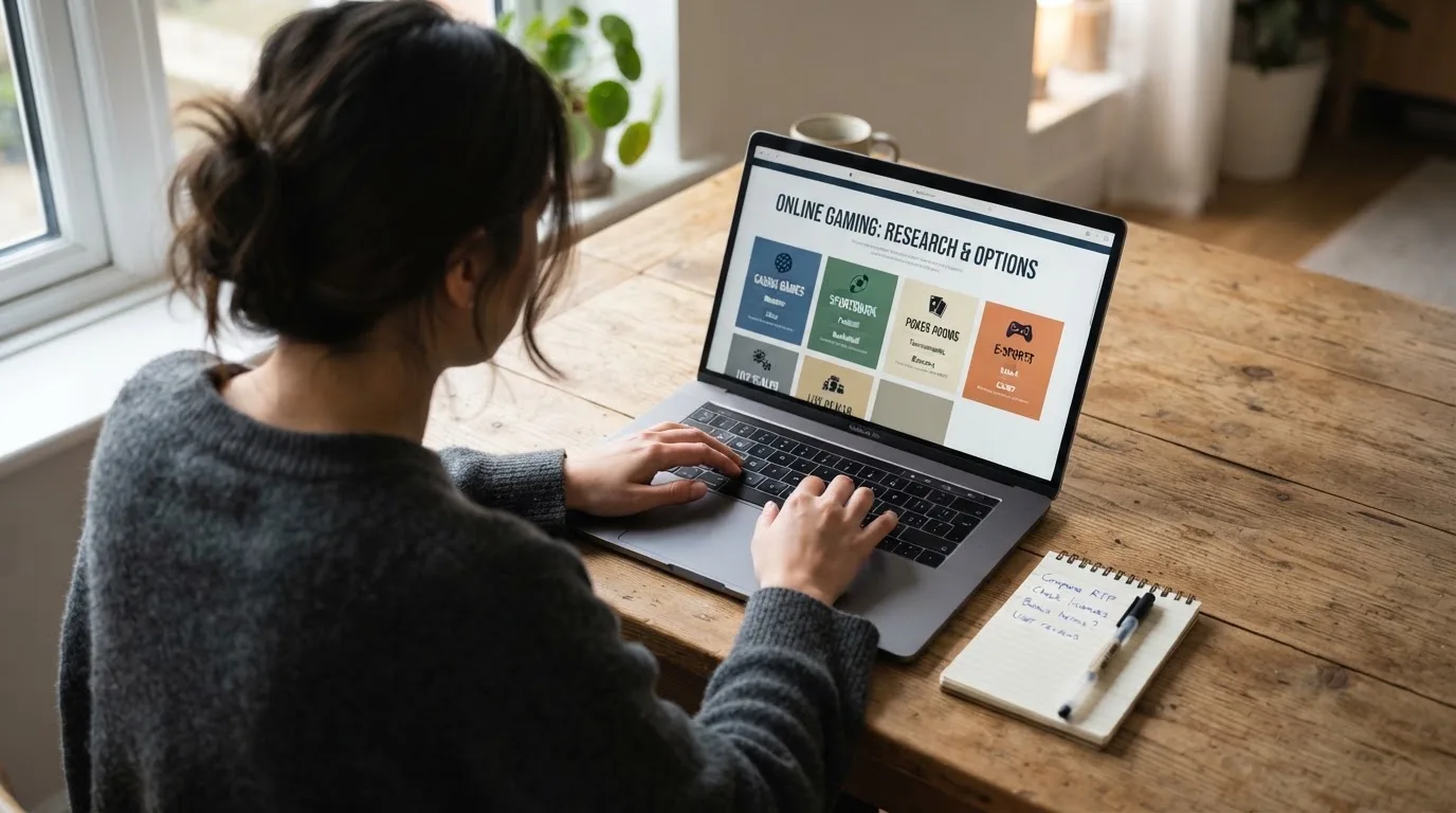 Person am Laptop liest eine Übersichtsseite zu Geldspielen im Internet — beste online casinos ohne verifizierung