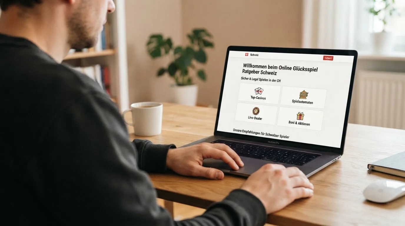 Person am Laptop liest eine Übersichtsseite zu Geldspielen im Internet — beste online casinos schweiz mit no deposit bonus