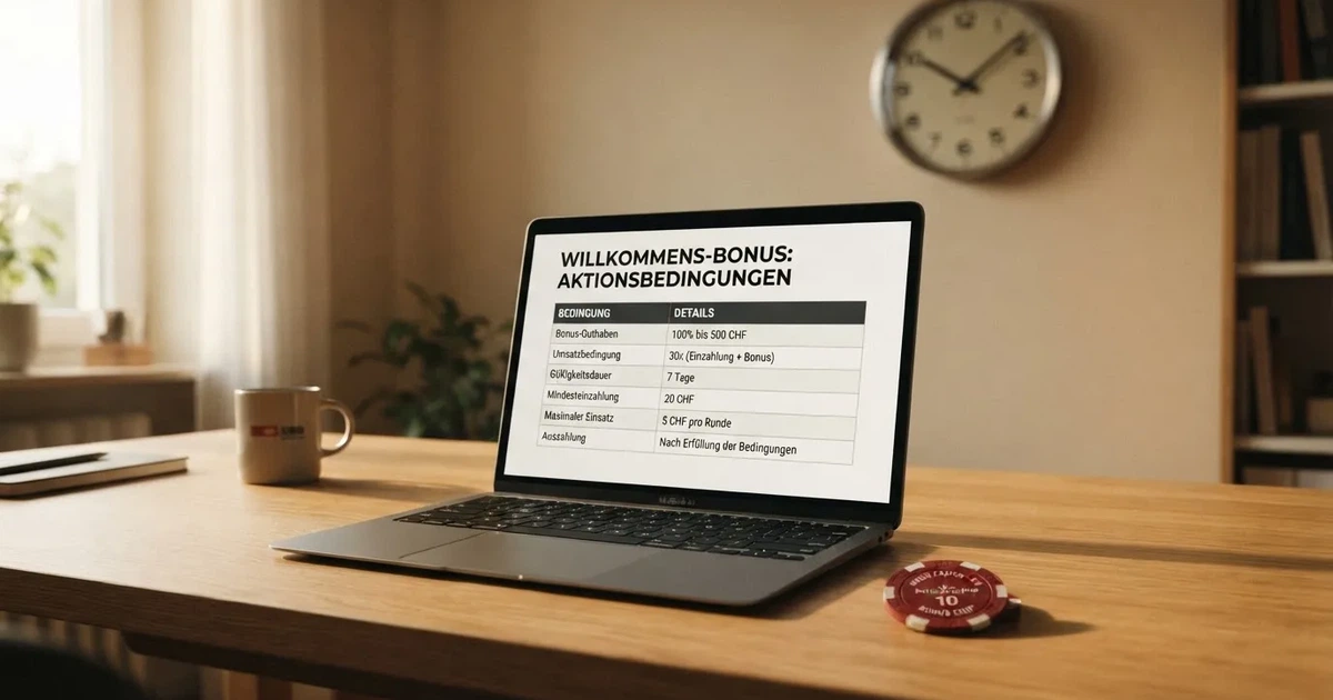 Bildschirm mit Bonusbedingungen, Einsatztabelle und einer Uhr im Hintergrund — beste online casinos schweiz mit no deposit bonus