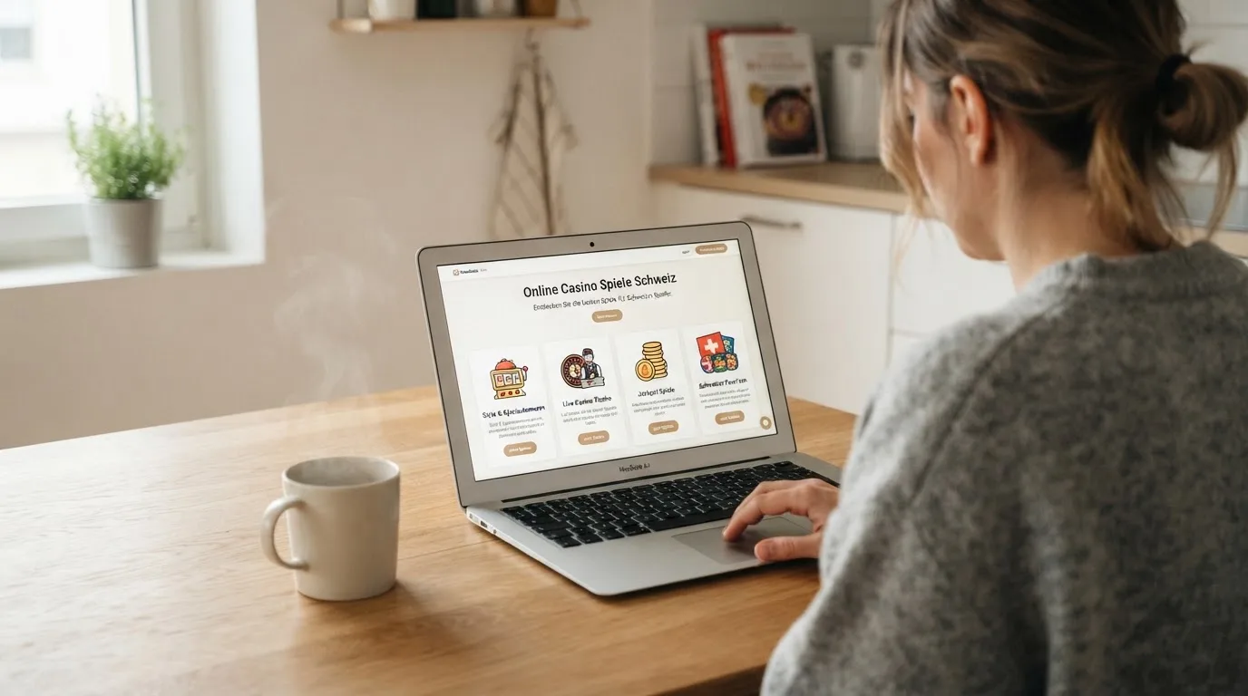 Person am Laptop liest eine Übersichtsseite zu Geldspielen im Internet — bester willkommensbonus online casino