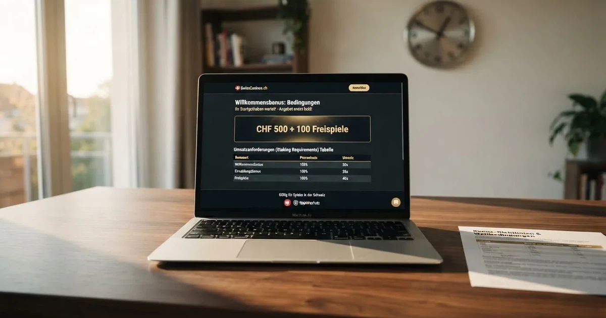 Bildschirm mit Bonusbedingungen, Einsatztabelle und einer Uhr im Hintergrund — bester willkommensbonus online casino