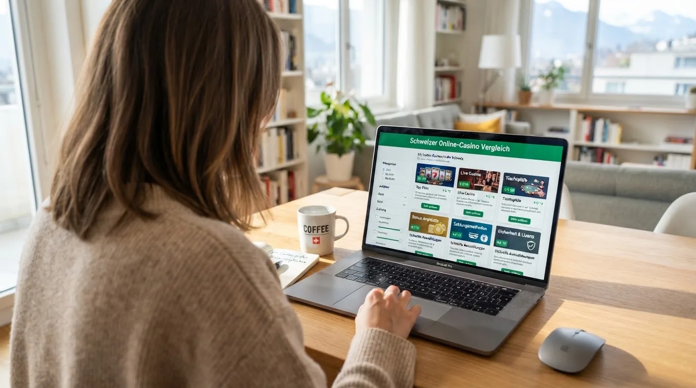 Person am Laptop liest eine Übersichtsseite zu Geldspielen im Internet — binance coin casino vergleich