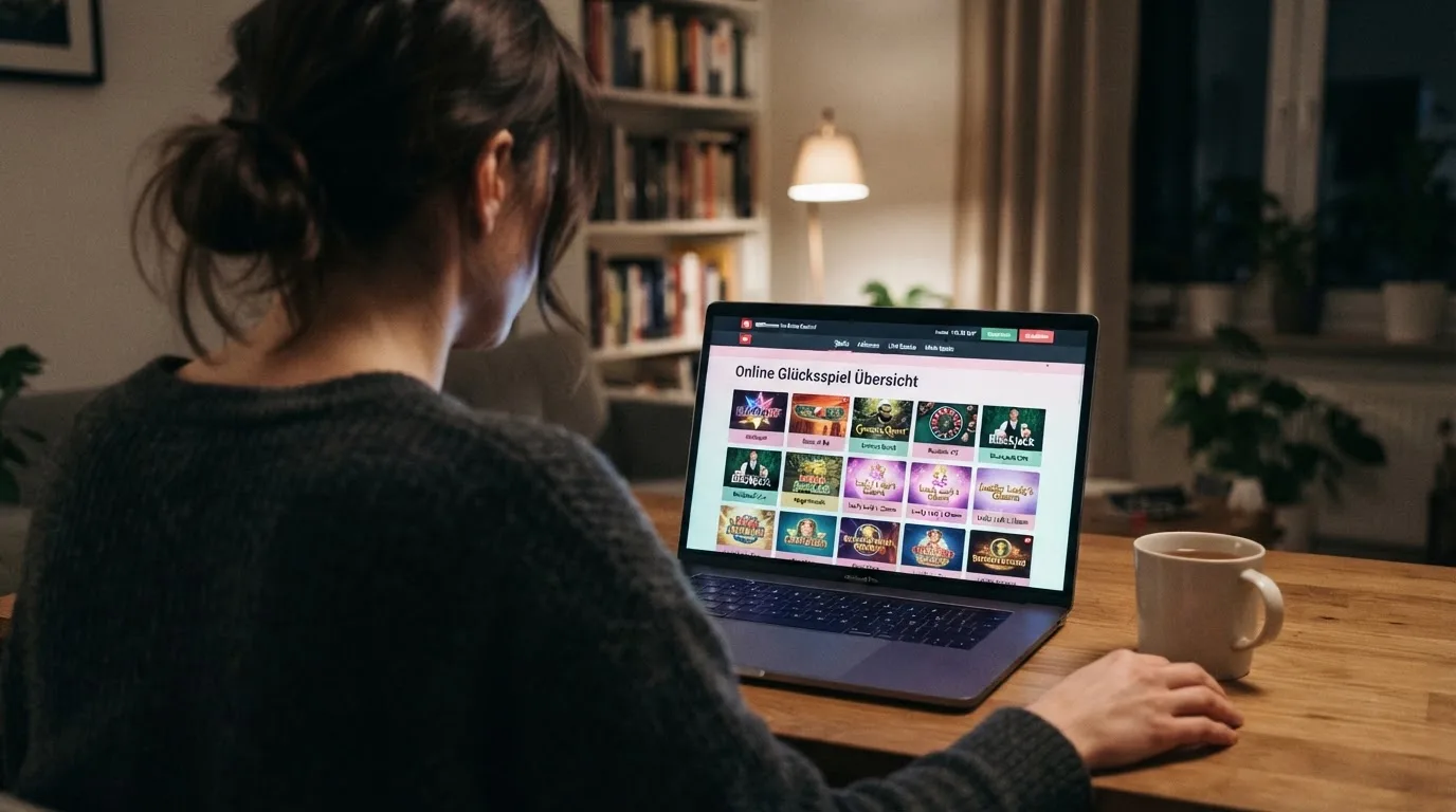Person am Laptop liest eine Übersichtsseite zu Geldspielen im Internet — casino guthaben ohne einzahlung