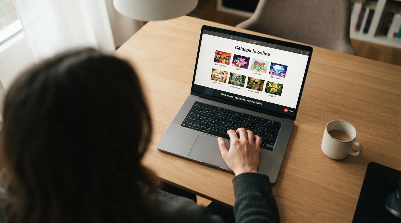 Person am Laptop liest eine Übersichtsseite zu Geldspielen im Internet — casino online mit bonus ohne einzahlung