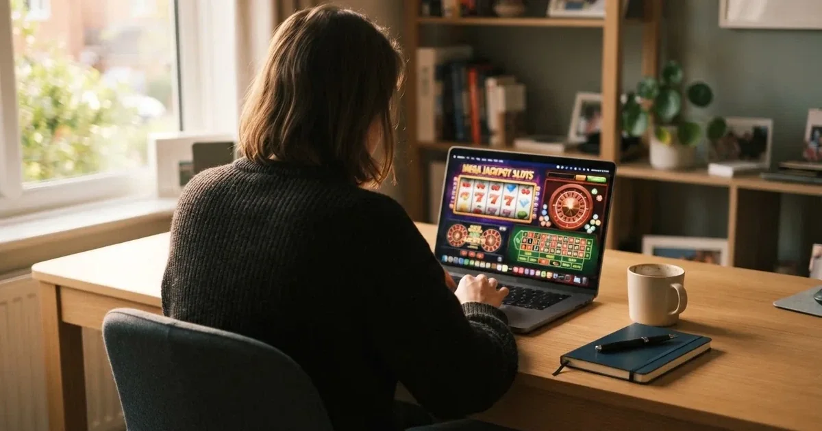 Person am Laptop liest eine Übersichtsseite zu Geldspielen im Internet — freie 90 tage qualifikationszeitraum casino