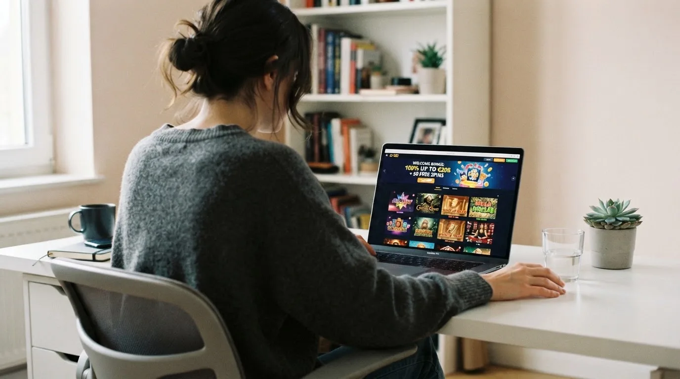 Person am Laptop liest eine Übersichtsseite zu Geldspielen im Internet — online casino bonus ohne einzahlung sofort