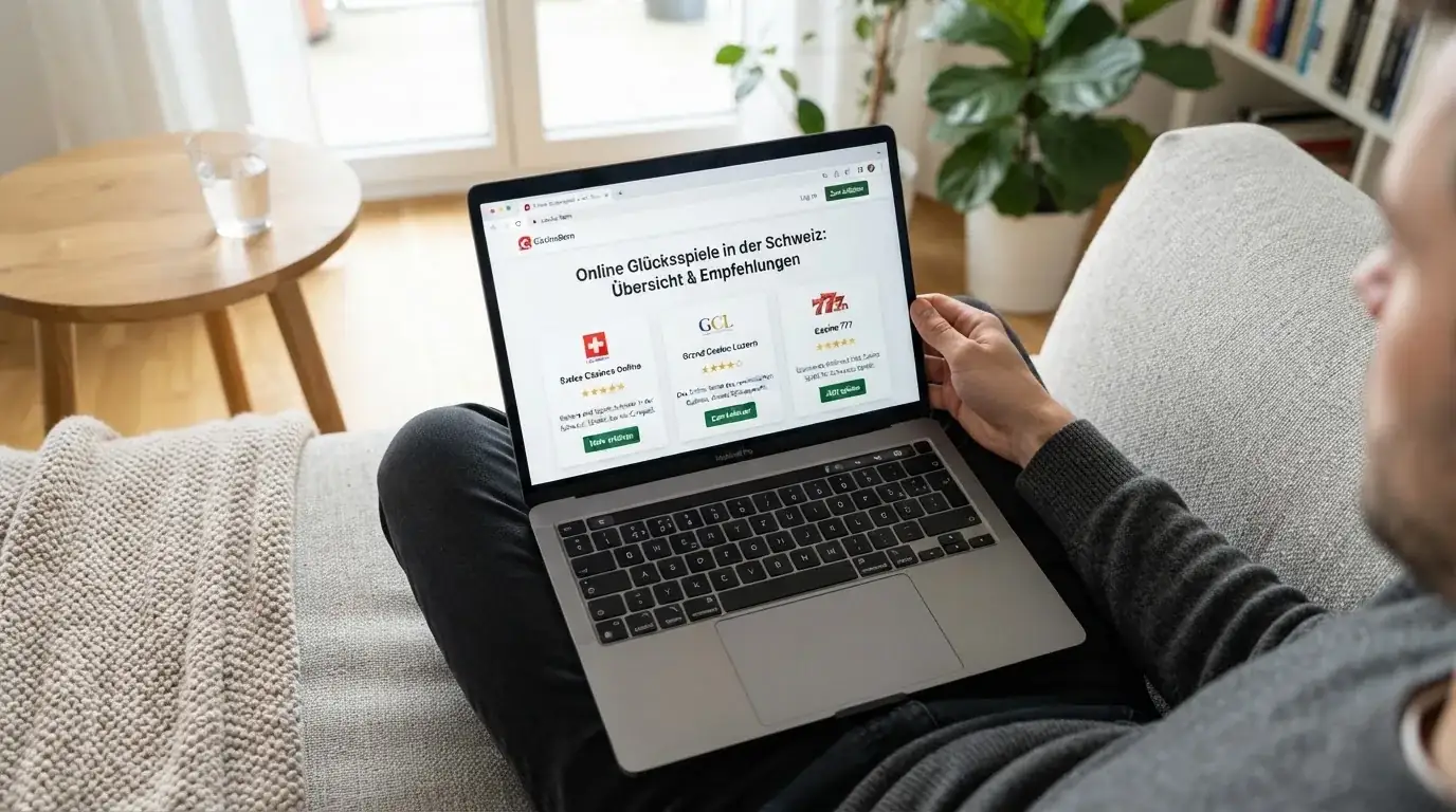 Person am Laptop liest eine Übersichtsseite zu Geldspielen im Internet — online casino bonus ohne umsatzbedingungen