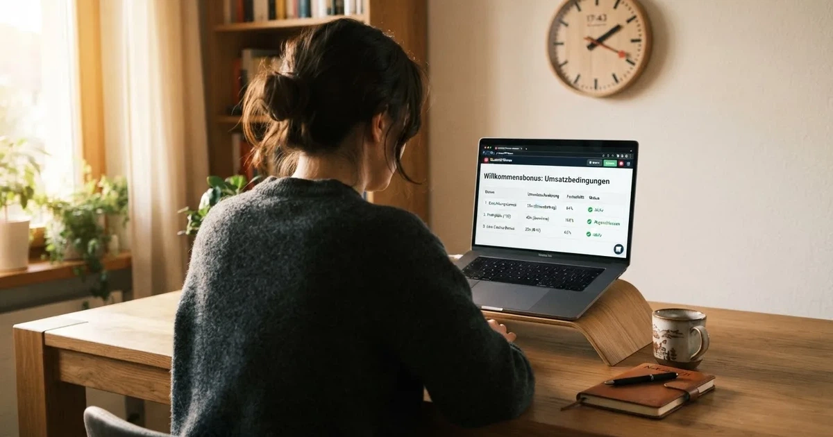 Bildschirm mit Bonusbedingungen, Einsatztabelle und einer Uhr im Hintergrund — online casino bonus ohne umsatzbedingungen