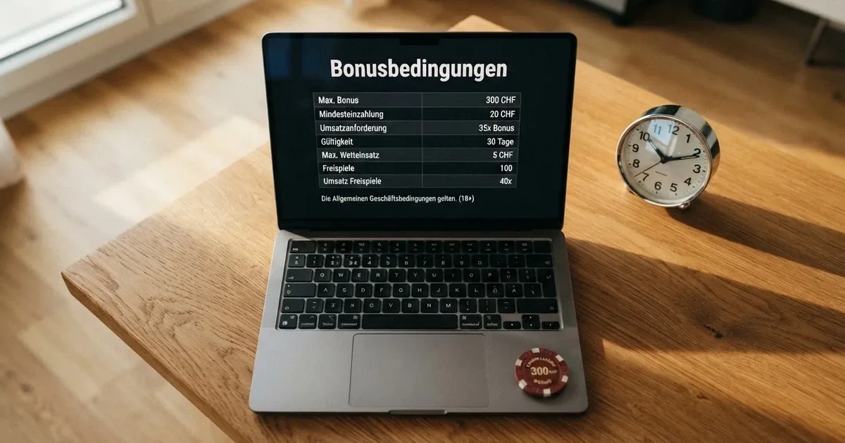 Bildschirm mit Bonusbedingungen, Einsatztabelle und einer Uhr im Hintergrund — online casino bonusbedingungen