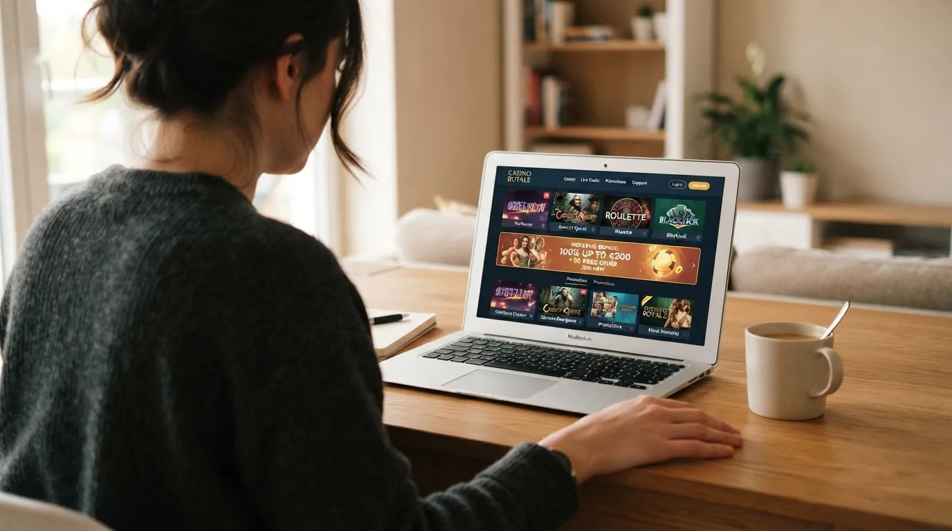 Person am Laptop liest eine Übersichtsseite zu Geldspielen im Internet — online casino gutschein codes