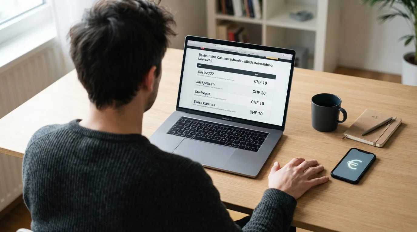Person am Laptop liest eine Übersichtsseite zu Geldspielen im Internet — online casino mit 100% bonus