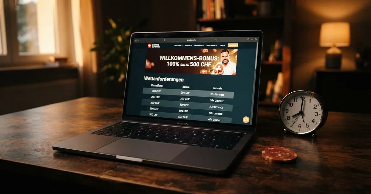 Bildschirm mit Bonusbedingungen, Einsatztabelle und einer Uhr im Hintergrund — online casino mit 100% bonus
