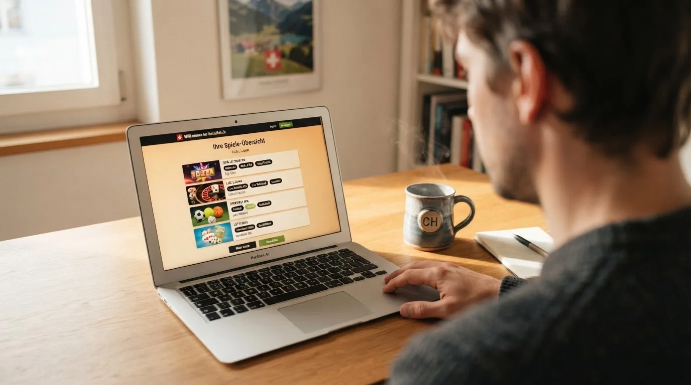 Person am Laptop liest eine Übersichtsseite zu Geldspielen im Internet — online casino mit autoplay