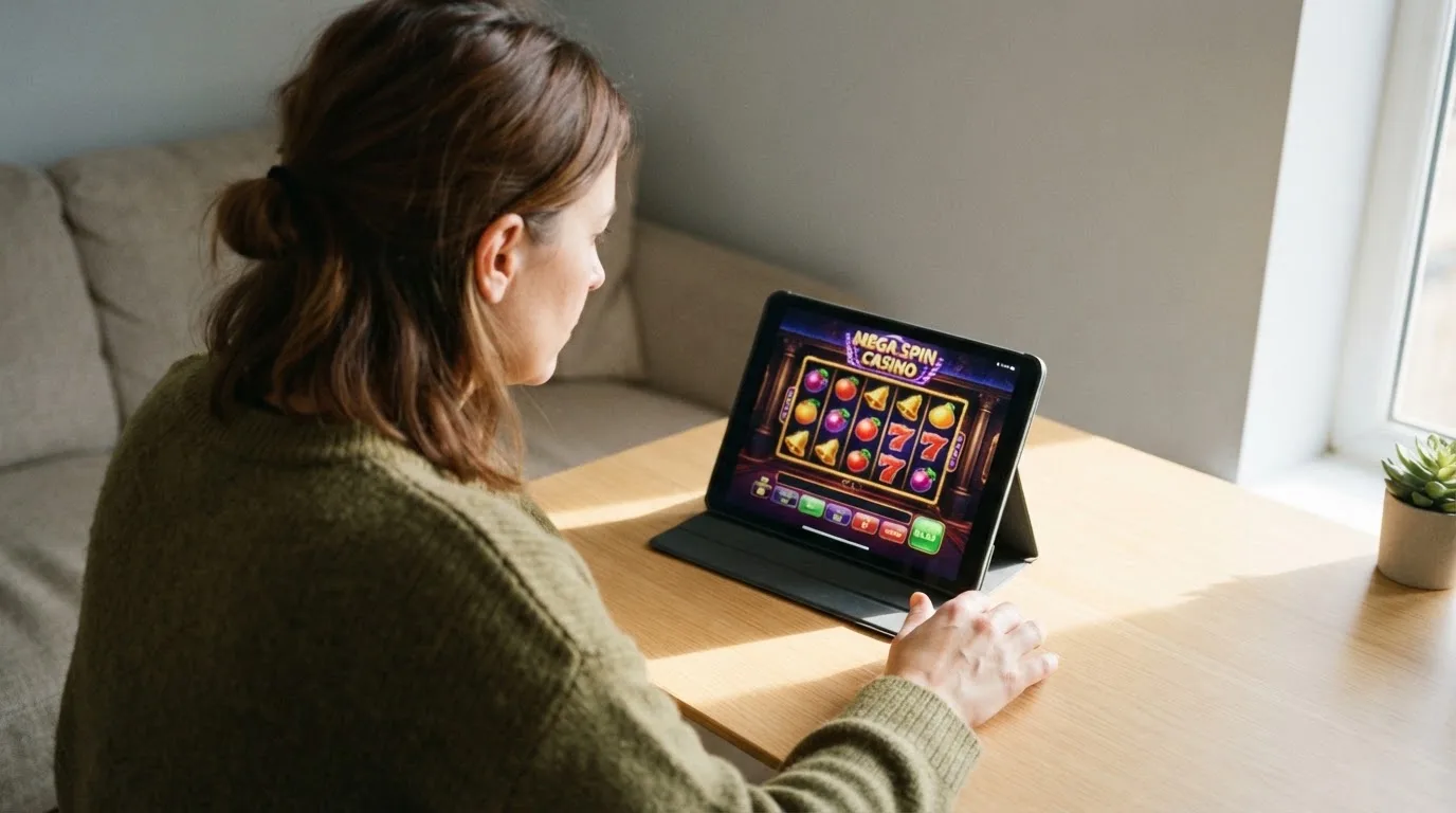 Frau sitzt am Wohnzimmertisch und schaut konzentriert auf ihr Tablet, Nachmittagslicht durchs Fenster.